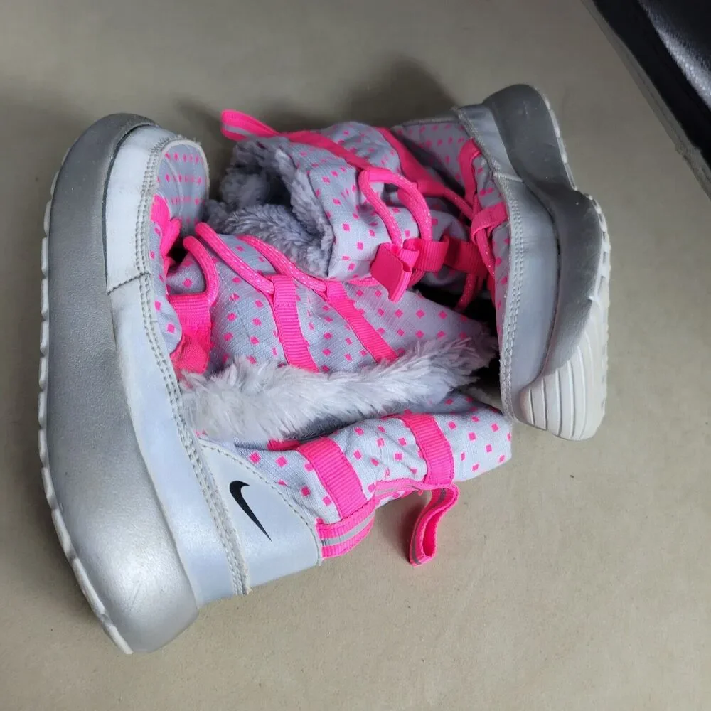 Nike Rosherun Hi Sneakerboot Girls 12 Silver Pink Comfy‎ Faux Leather Snow Boots